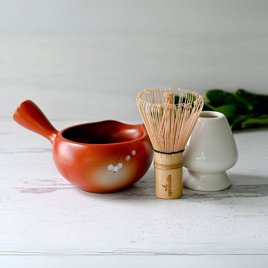 Red Flowers Ceramic Matcha Bowl with Spout, Bamboo Matcha Whisk and Whisk Holder Set