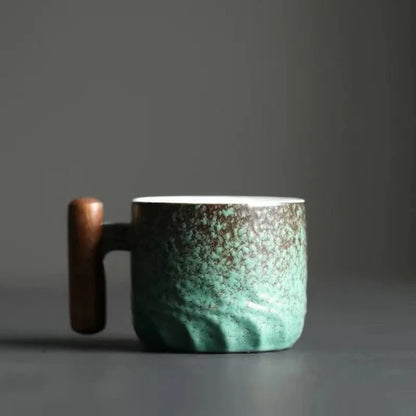 DecorBites™ Gradient Glaze Ceramic Coffee Cup with Wooden Handle for Home and Office