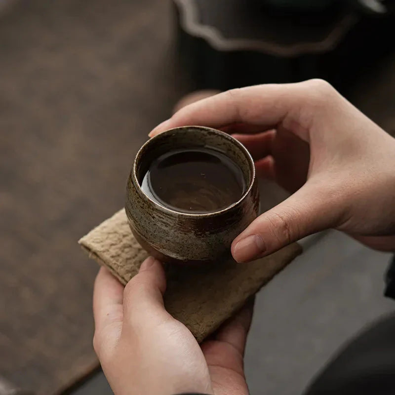 Japanese Handmade Rough Pottery Tea Cup Ceramic Kung Fu Tea Set Single Cup Antique Style Quiet Path Antique Craftsmanship Gift