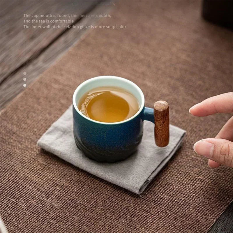DecorBites™ Gradient Glaze Ceramic Coffee Cup with Wooden Handle for Home and Office