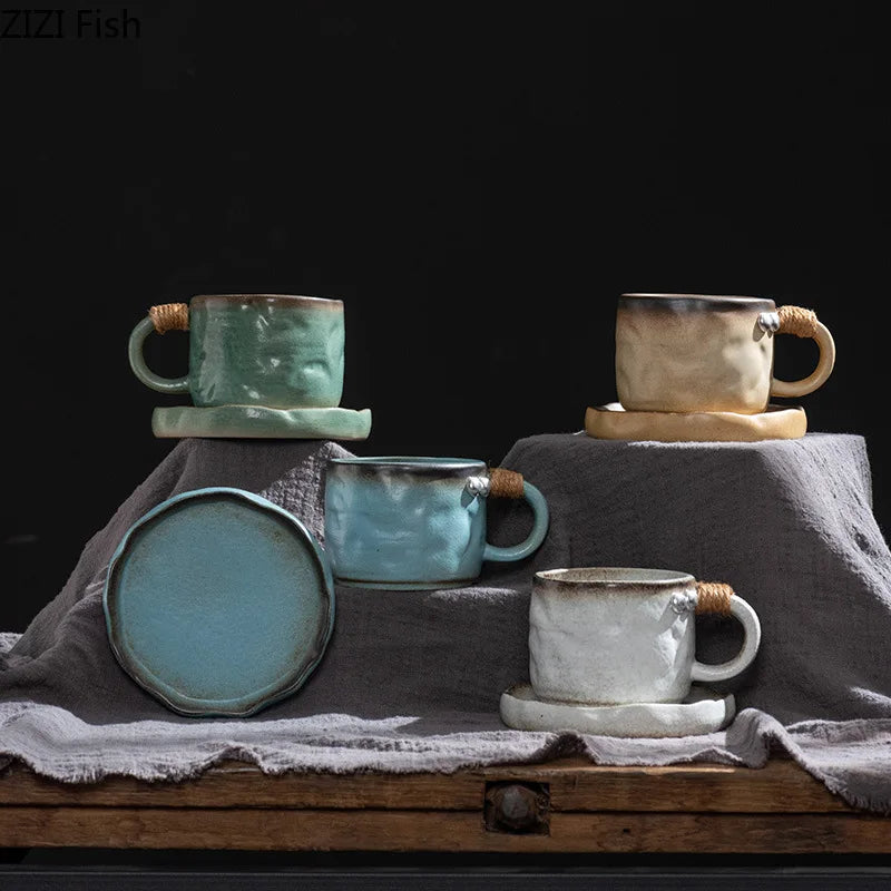 DecorBites™ Coarse Pottery Cup & Saucer Set - Classical Mugs for Dining Table or Coffee