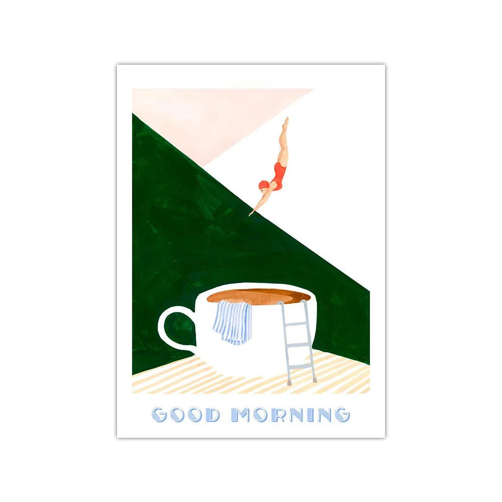 Retro Coffee Diving Poster Canvas Painting Good Morning Coffee Lover Print Wall Art for Living Room Home Kitchen Decor Frameless