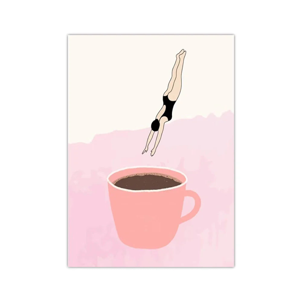 Retro Coffee Diving Poster Canvas Painting Good Morning Coffee Lover Print Wall Art for Living Room Home Kitchen Decor Frameless