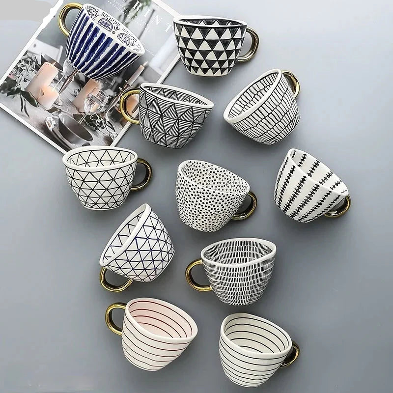 Lechsi Hand-Painted Gold Handle Ceramic Mugs