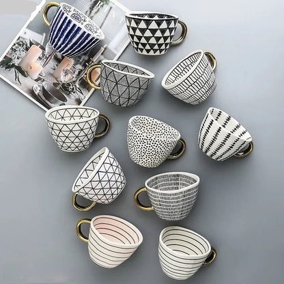 Lechsi Hand-Painted Gold Handle Ceramic Mugs