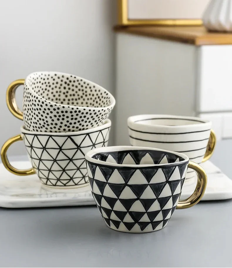 Lechsi Hand-Painted Gold Handle Ceramic Mugs