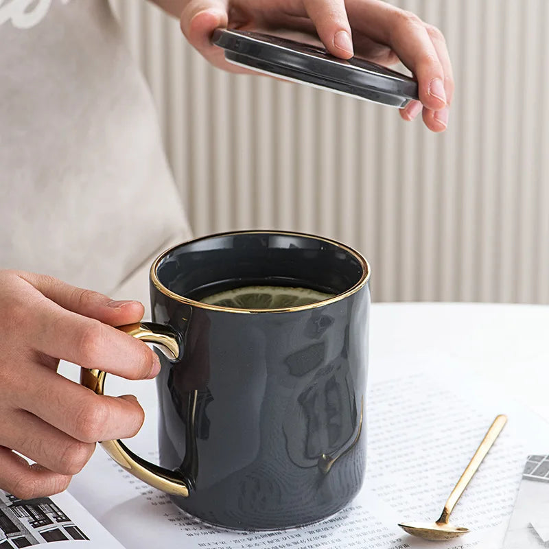 DecorBites™ Nordic Gold Rim Mug Set - Light Luxury Ceramic Coffee Cups with Handle