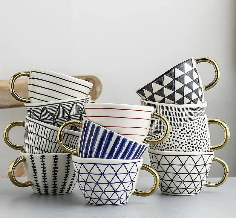 Lechsi Hand-Painted Gold Handle Ceramic Mugs