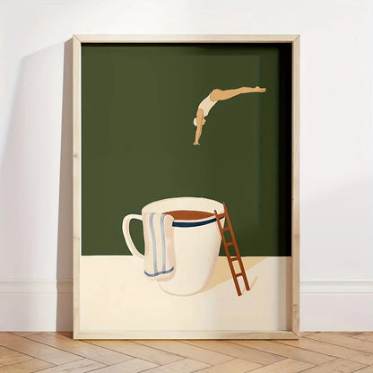 Retro Coffee Diving Poster Canvas Painting Good Morning Coffee Lover Print Wall Art for Living Room Home Kitchen Decor Frameless