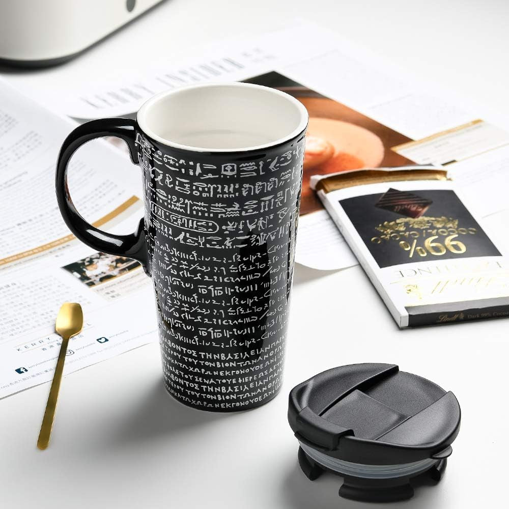 Coffee Ceramic Mug Travel Mug Porcelain Latte Tea Cup with Lid 17Oz. Rosetta Stone,Black