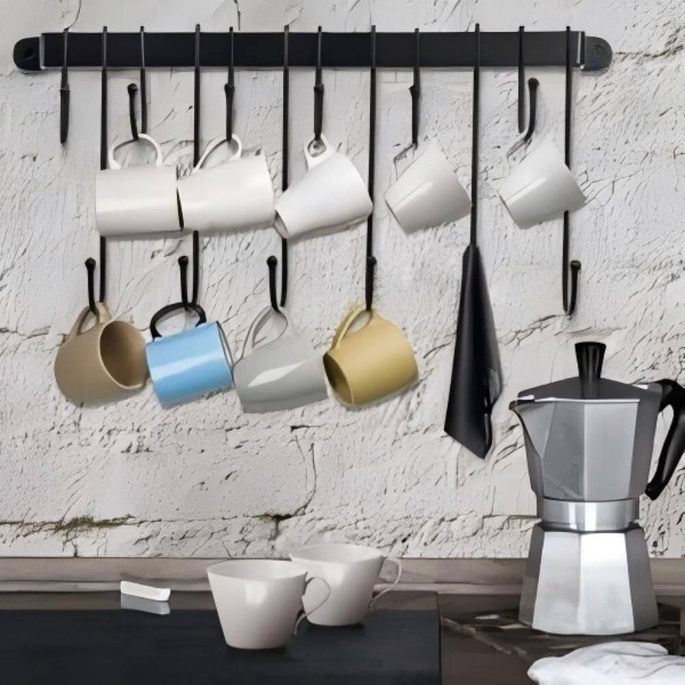 12-Hook Black Hanging Coffee Mug Wall Rack, 23 In. Wall Mounted Mug Hook Coffee Cup Holder