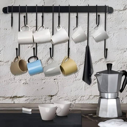 12-Hook Black Hanging Coffee Mug Wall Rack, 23 In. Wall Mounted Mug Hook Coffee Cup Holder