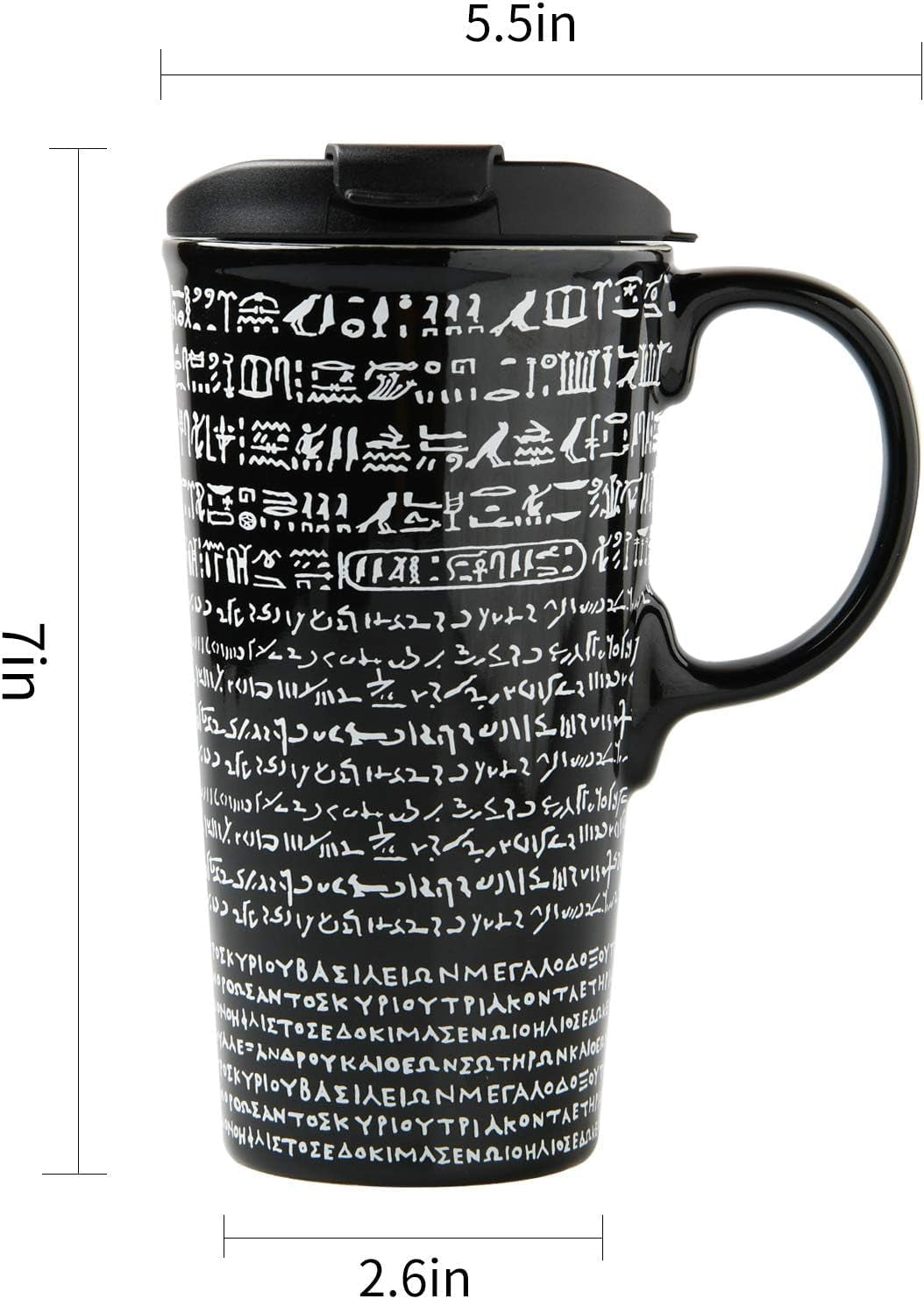 Coffee Ceramic Mug Travel Mug Porcelain Latte Tea Cup with Lid 17Oz. Rosetta Stone,Black