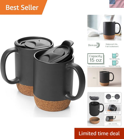 Stylish 15 Oz Ceramic Coffee Mug Set of 2 with Cork Bottom – Perfect for Home or Office!