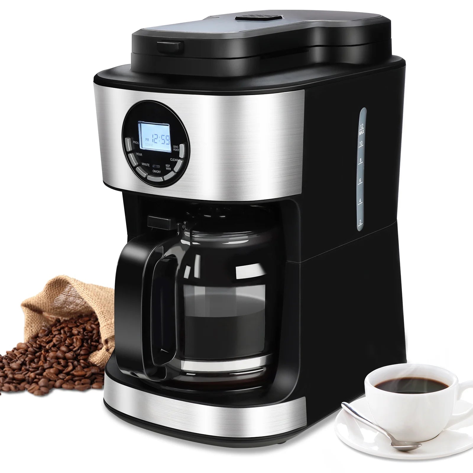 Coffee Maker with Grinder 12 Cups, Programmable Grind and Brew Coffee Machine with Warming Plate, Automatic Drip Coffee Pot with 60 Oz Glass Carafe BPA Free, 950W, Black