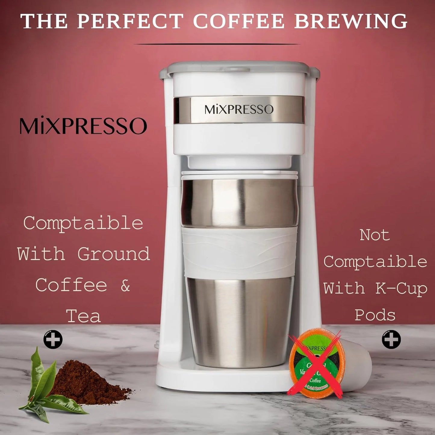 Single Serve Coffee Maker Ground Coffee and 14Oz Travel Mug White