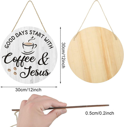 Coffee Bar Decor Cafe Accessories, Coffee and Jesus Signs Wood Farmhouse Wall Sign for Home, Office, Cafe Station, 12'' X 12'' (White Good Days Start with Jesus)