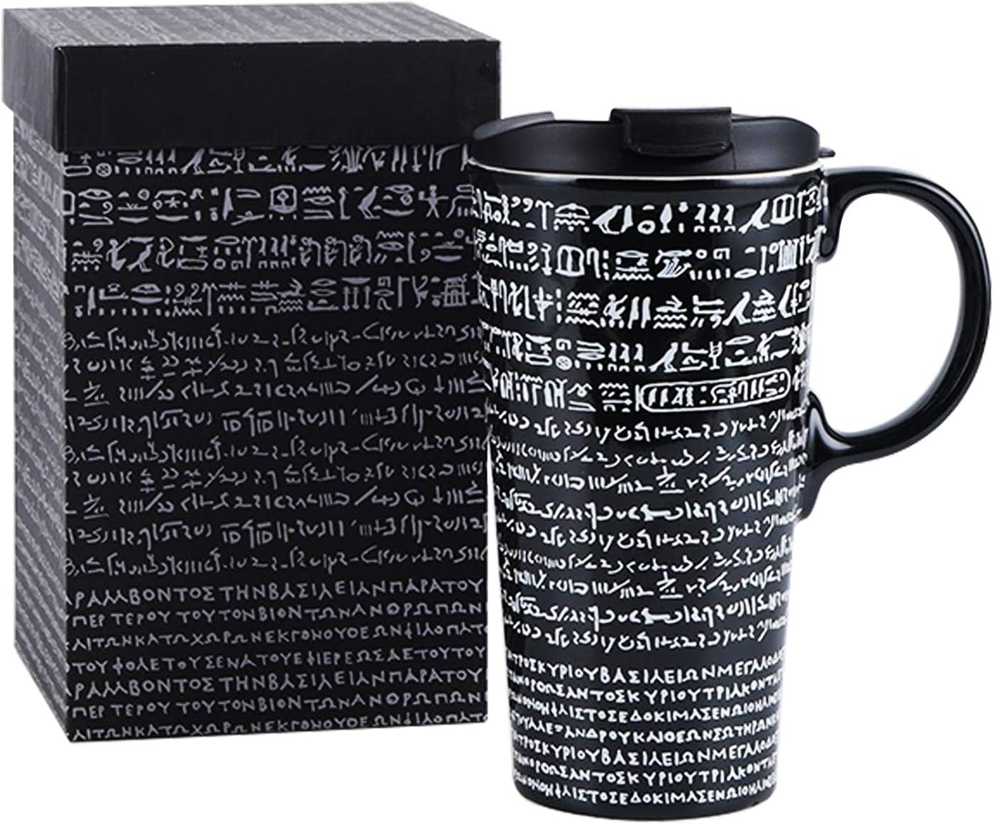 Coffee Ceramic Mug Travel Mug Porcelain Latte Tea Cup with Lid 17Oz. Rosetta Stone,Black