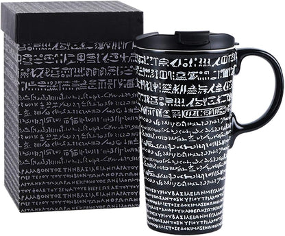 Coffee Ceramic Mug Travel Mug Porcelain Latte Tea Cup with Lid 17Oz. Rosetta Stone,Black