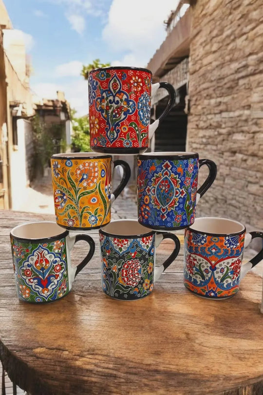 Elevate Your Home Decor with Our Vibrant Set of 6 Handmade Ceramic Ethnic Mugs