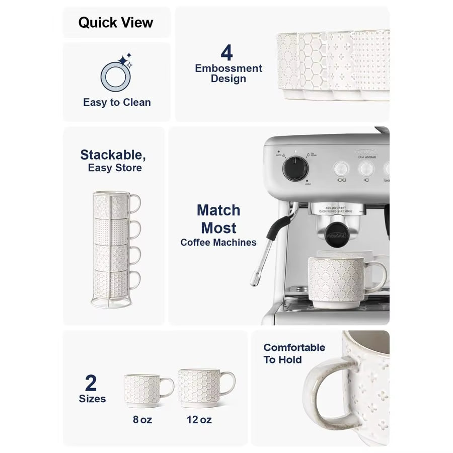 Stackable Coffee Mugs Set with Stand, Ceramic Embossment Coffee Cups for Au Lait, Cappuccino,Latte,Cafe,Mocha,Tea, Suit for Hous