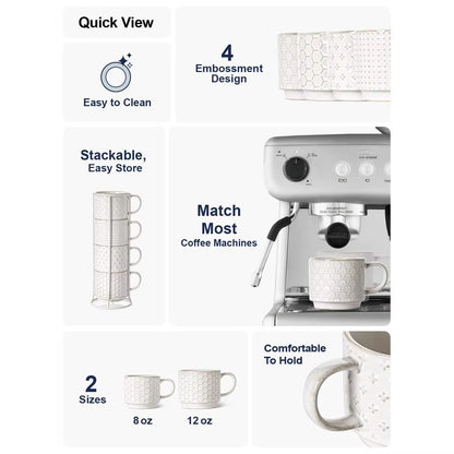Stackable Coffee Mugs Set with Stand, Ceramic Embossment Coffee Cups for Au Lait, Cappuccino,Latte,Cafe,Mocha,Tea, Suit for Hous