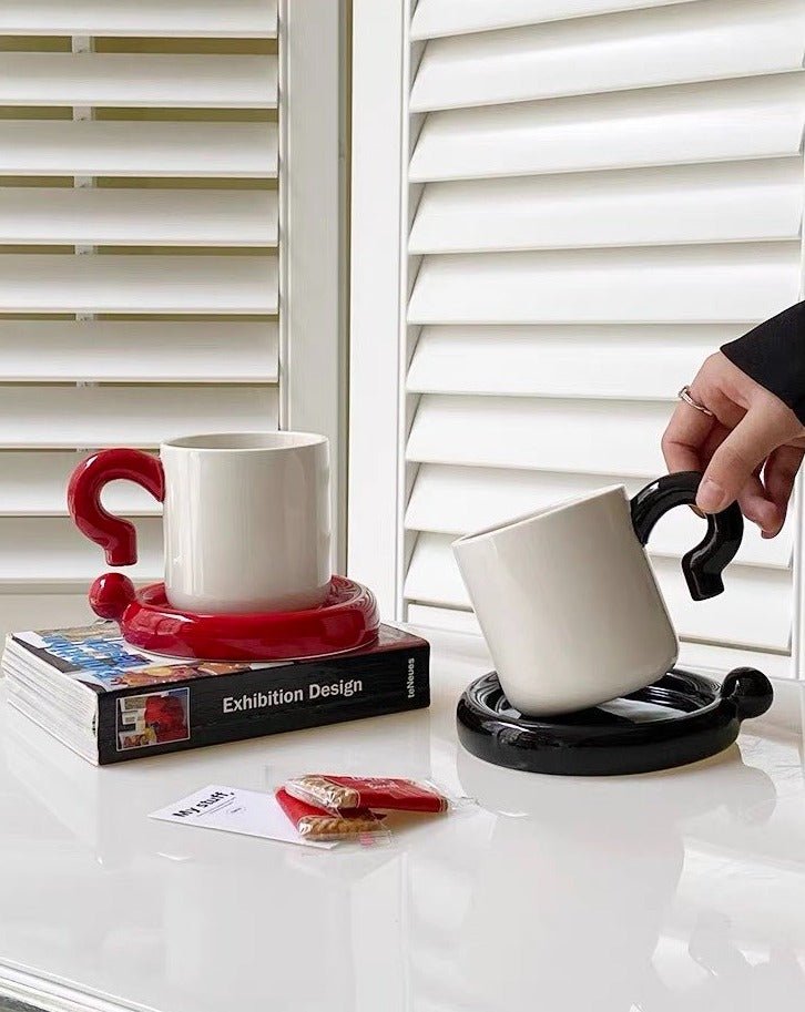 Handmade !? Ceramic Coffee Mug with Saucer - Unique Cute Funny Novelty