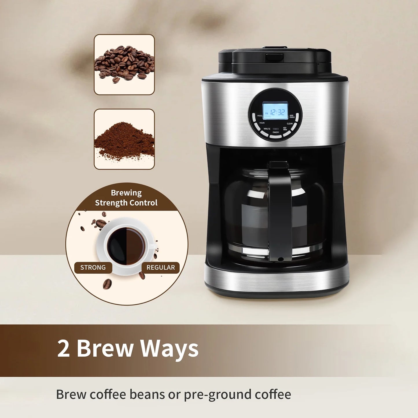 Coffee Maker with Grinder 12 Cups, Programmable Grind and Brew Coffee Machine with Warming Plate, Automatic Drip Coffee Pot with 60 Oz Glass Carafe BPA Free, 950W, Black