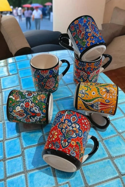 Elevate Your Home Decor with Our Vibrant Set of 6 Handmade Ceramic Ethnic Mugs