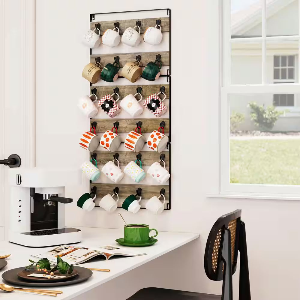 24-Hook Large Coffee Mug Holder, Rustic Wood Coffee Mug Rack Display Organizer for Kitchen, Grey