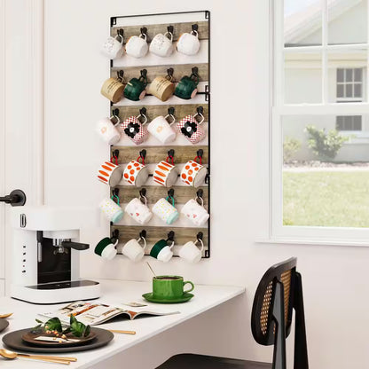 24-Hook Large Coffee Mug Holder, Rustic Wood Coffee Mug Rack Display Organizer for Kitchen, Grey