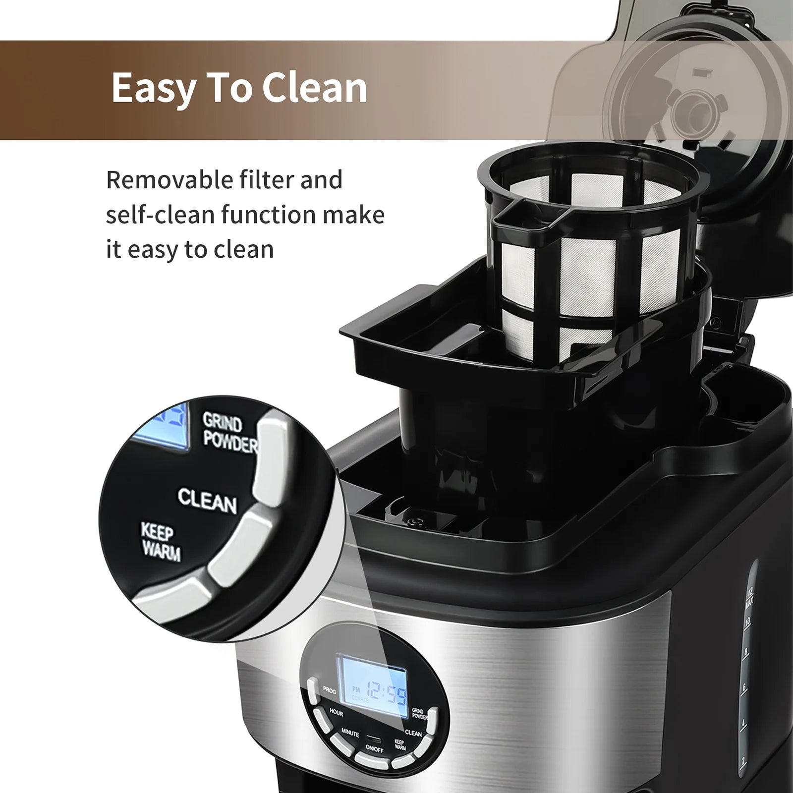 Coffee Maker with Grinder 12 Cups, Programmable Grind and Brew Coffee Machine with Warming Plate, Automatic Drip Coffee Pot with 60 Oz Glass Carafe BPA Free, 950W, Black