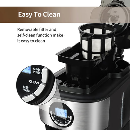 Coffee Maker with Grinder 12 Cups, Programmable Grind and Brew Coffee Machine with Warming Plate, Automatic Drip Coffee Pot with 60 Oz Glass Carafe BPA Free, 950W, Black