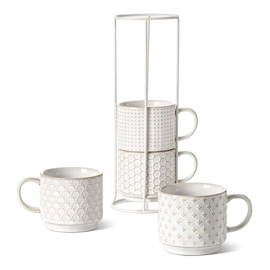 Stackable Coffee Mugs Set with Stand, Ceramic Embossment Coffee Cups for Au Lait, Cappuccino,Latte,Cafe,Mocha,Tea, Suit for Hous