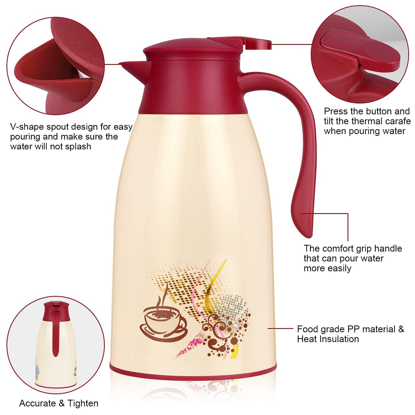 Acechef 40.5 Oz Glass Lined Thermal Carafe, Insulated Coffee Carafe, Coffee T...